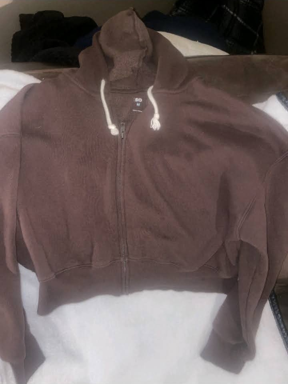 SO Brown Fleece Zip Hoodie with White Drawstrings